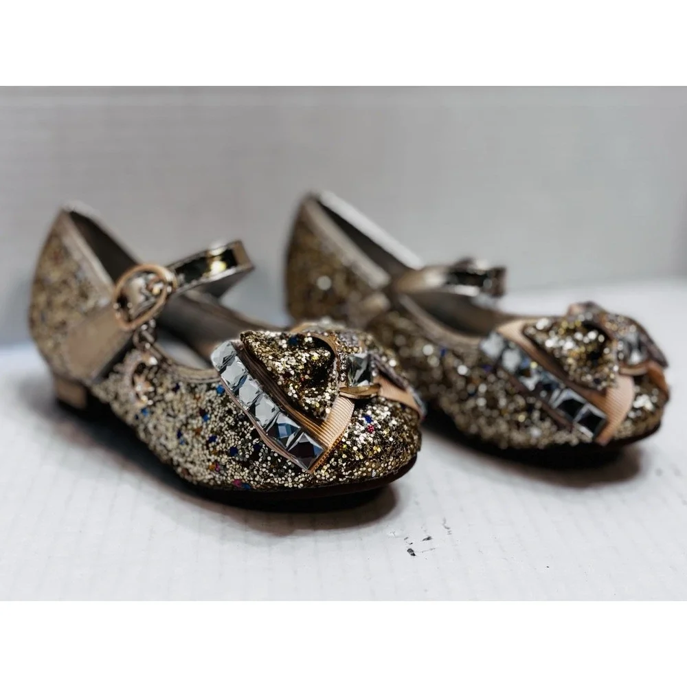 Wal-Fou Girls Gold Glitter Mary Jane Dress Shoes Rhinestone Bow Size 7 Kids